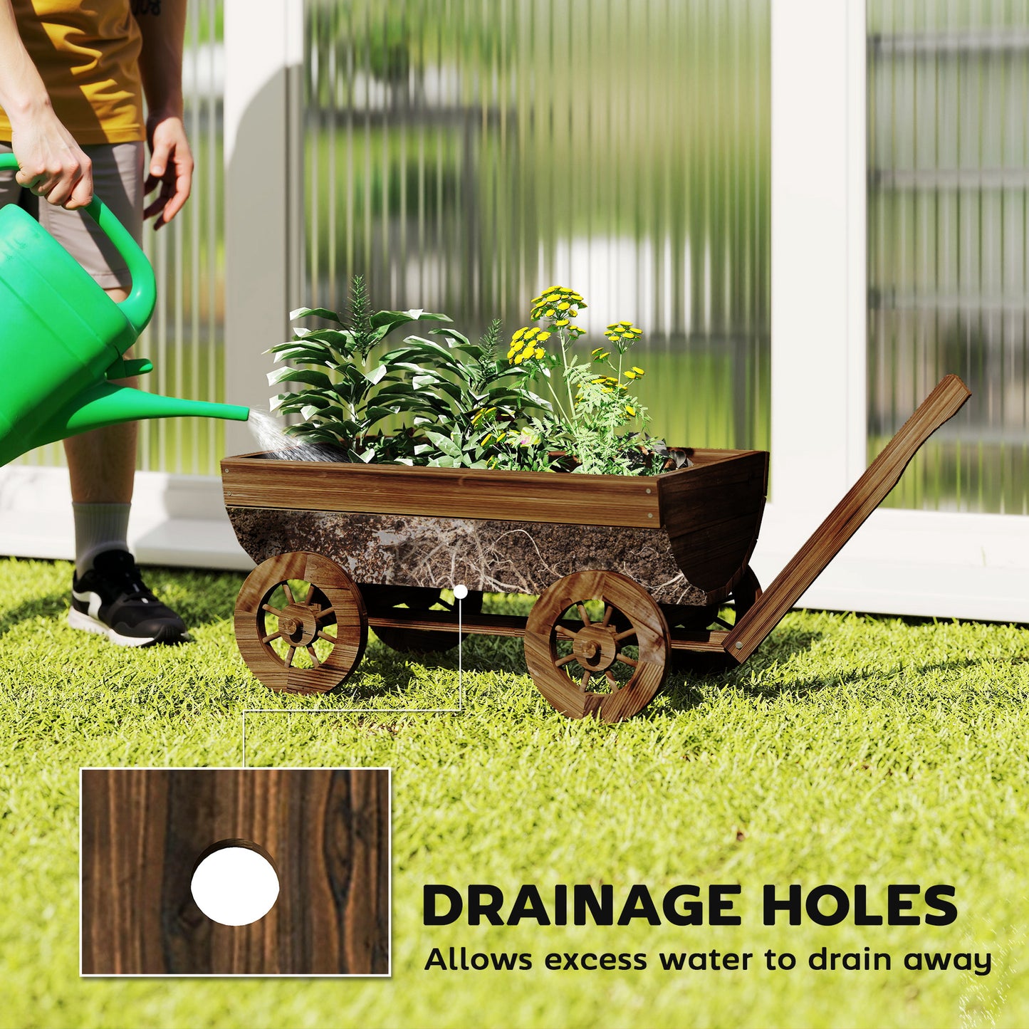 Wooden Wagon Planter Box with Wheels - Rustic Garden Flower Cart, Drainage Hole, Small Size