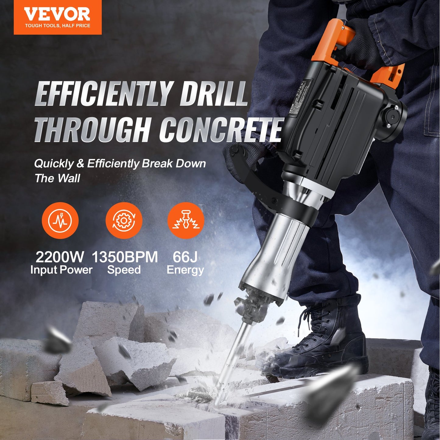 2200W Heavy Duty Electric Demolition Jack Hammer with 4 Chisels & Case