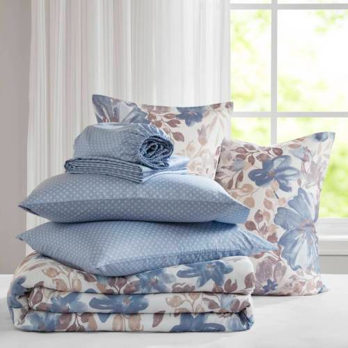 Floral Comforter Set with Bed Sheets - Blue Queen Size