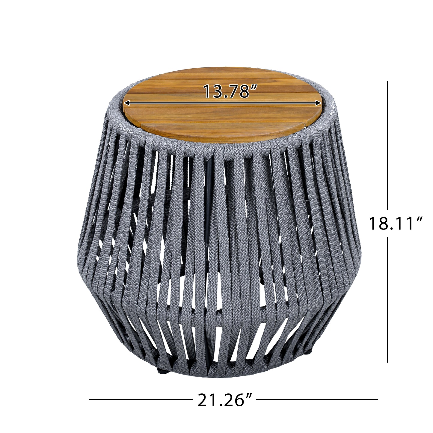 Outdoor Side Table with Acacia Wood & Grey Rope - Teak Finish