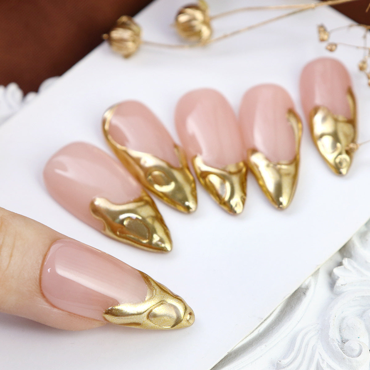 Liquid Metal Apricot Nail Stickers - Hand Painted Nail Art Decals for Ladies