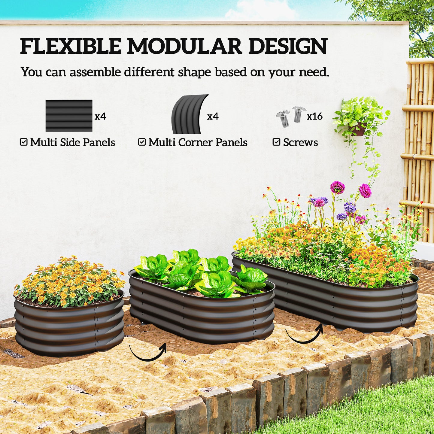 Galvanized Raised Garden Bed Kit - Metal Planter Box with Edging, Dark Gray, 595x360x170 mm