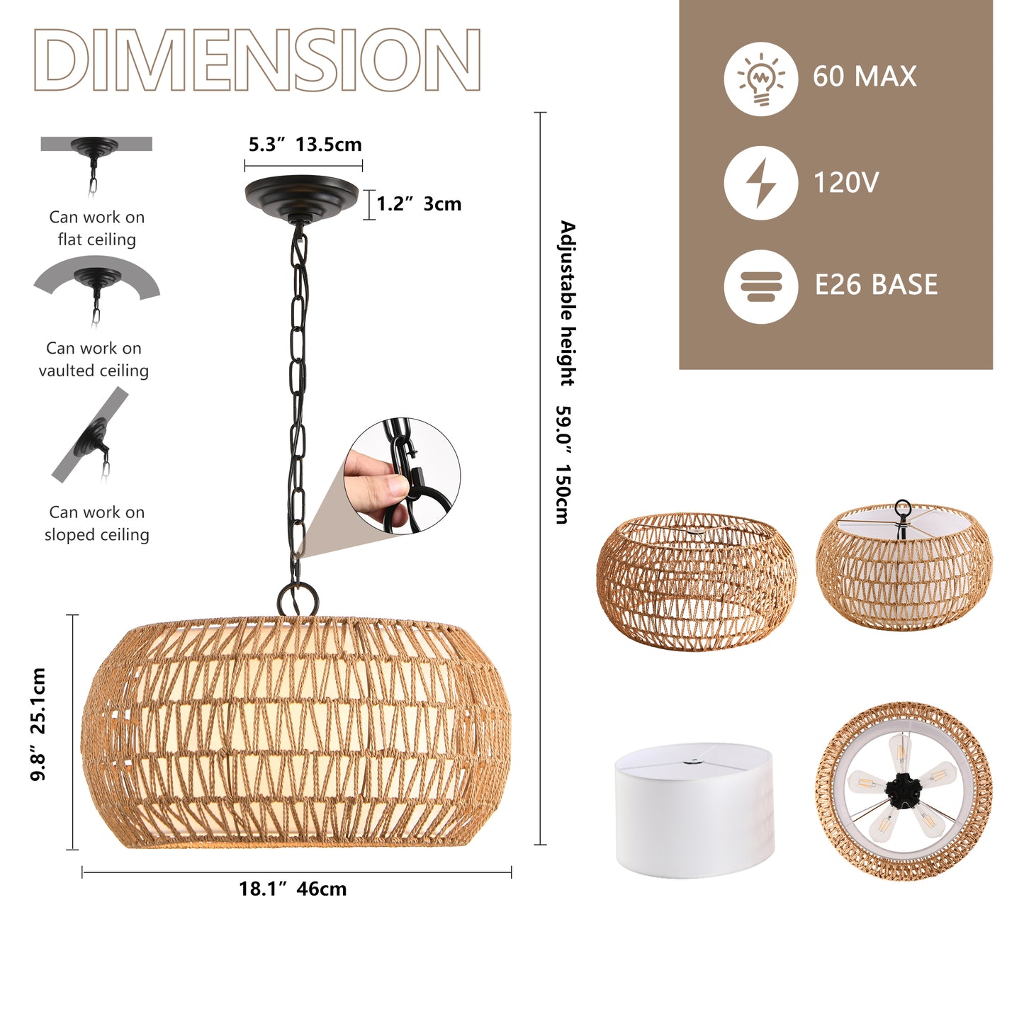18-Inch Farmhouse Pendant Light with Adjustable Height - Boho Woven Jute Rope Ceiling Fixture, E26 Base
