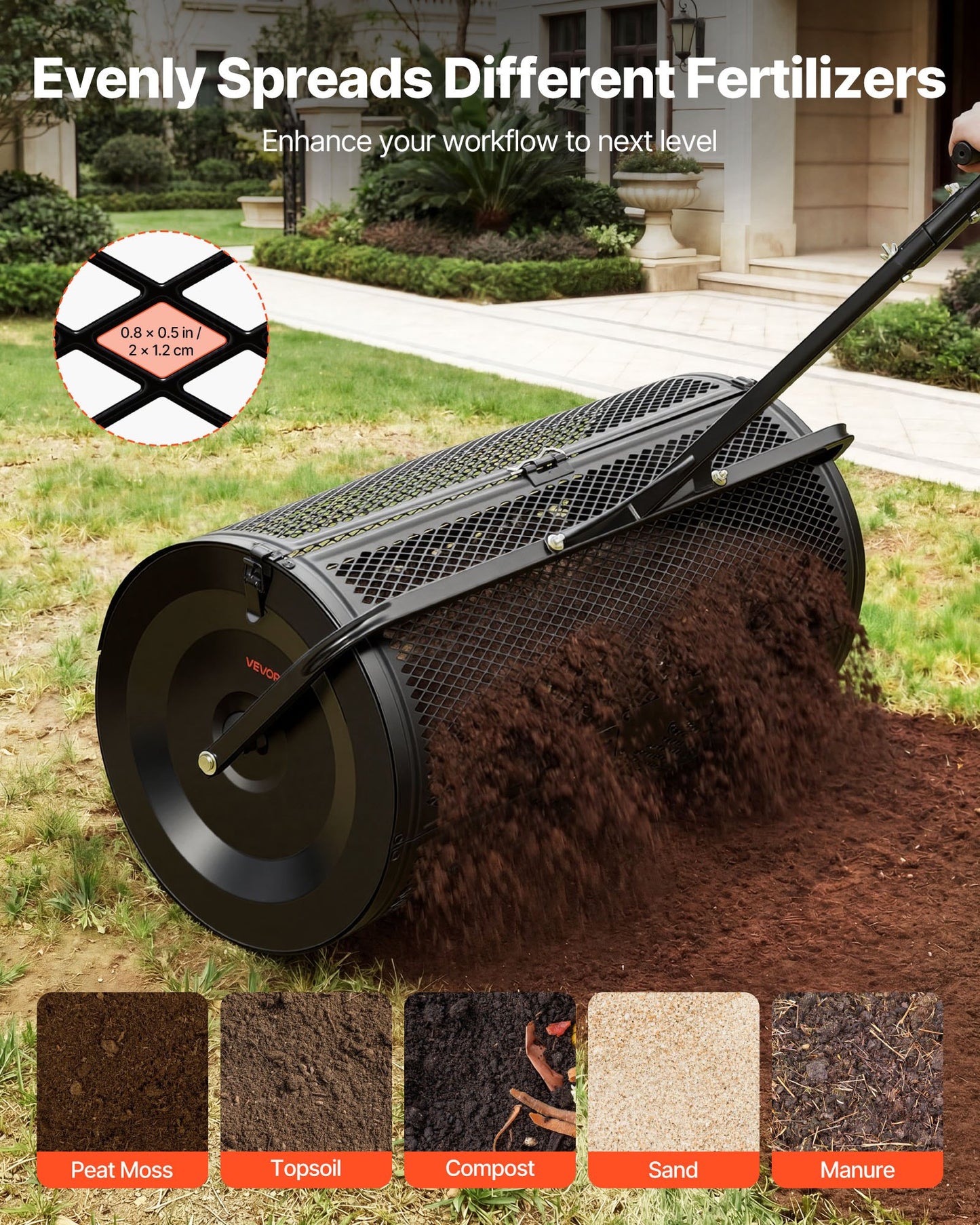 36-Inch Tow & Push Compost Spreader with Adjustable Heights - Garden Peat Moss & Lawn Fertilizer Roller