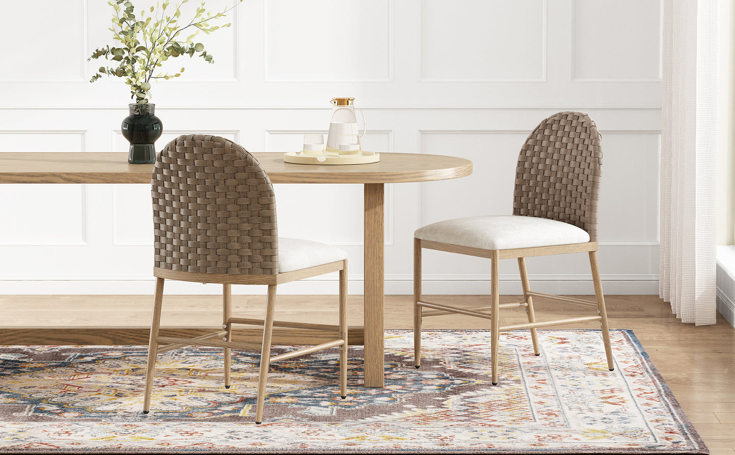 Upholstered Dining Chairs Set of 2 - Armless Iron Frame with Rattan Backrest