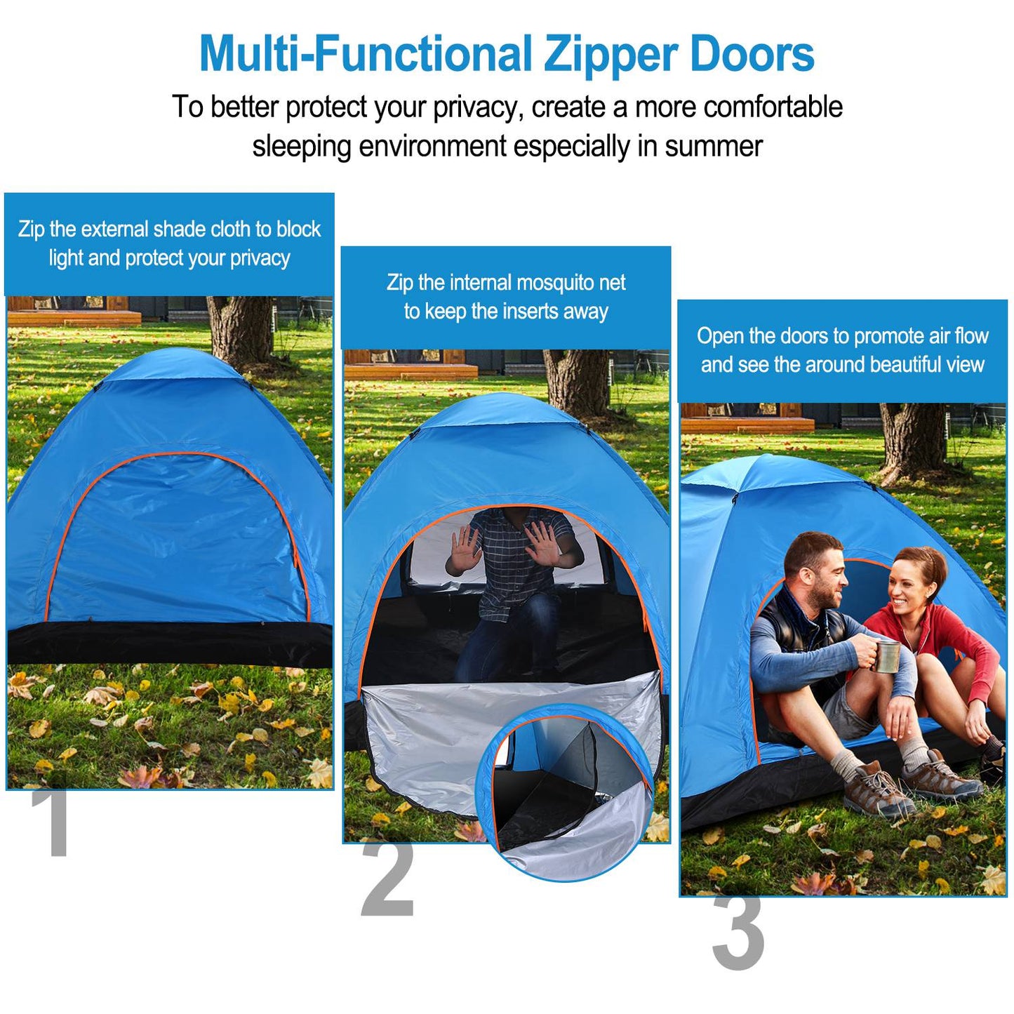 4-Person Waterproof Camping Tent with Mosquito Net - Blue