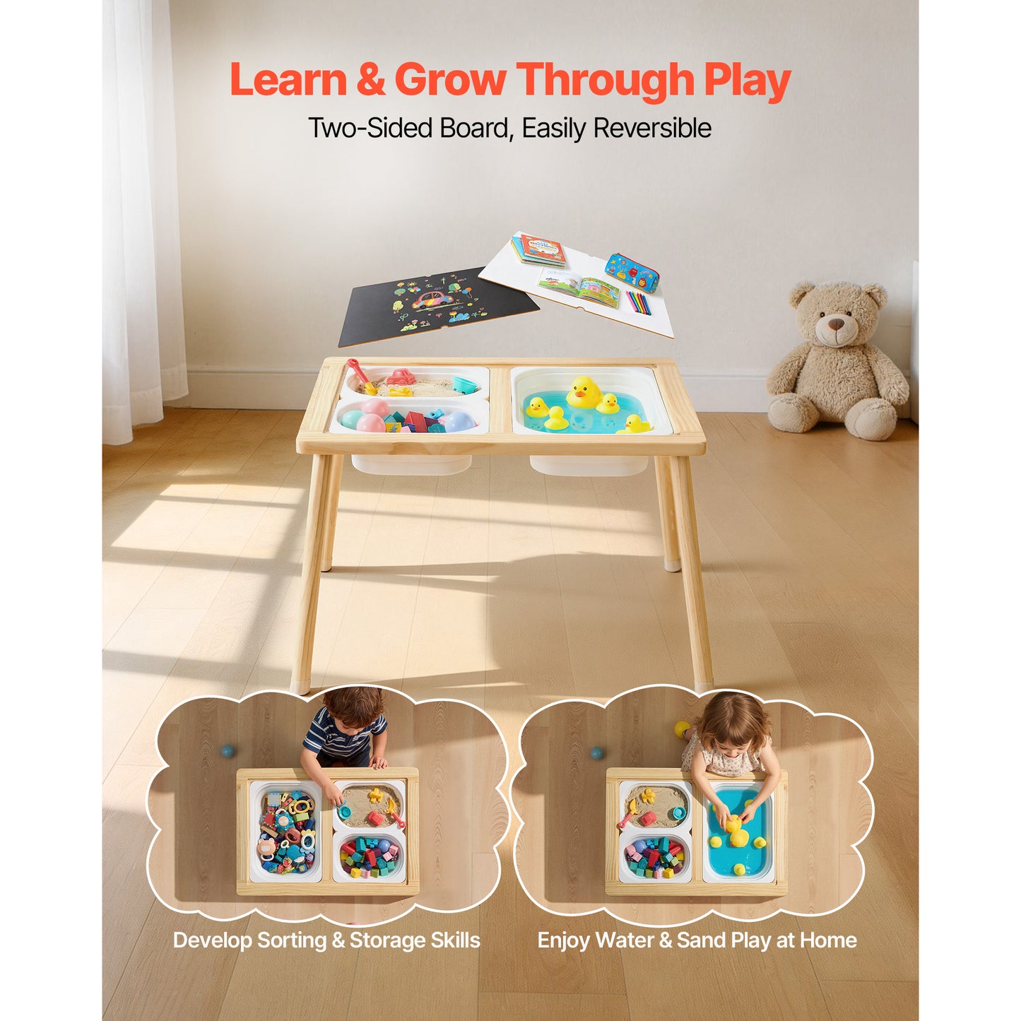 Wooden Toddler Sensory Table with Reversible Board, Storage Bins & Non-Slip Feet