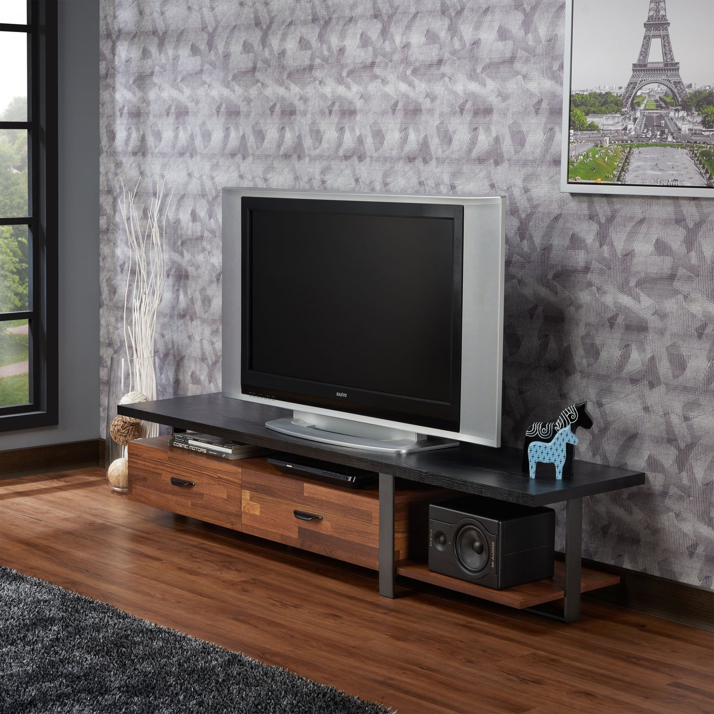 Walnut & Black Finish TV Stand for 55" Flat Screen TVs