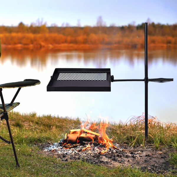 Portable Folding Campfire Grill with 360° Rotatable Cooking Surface and Carrying Bag