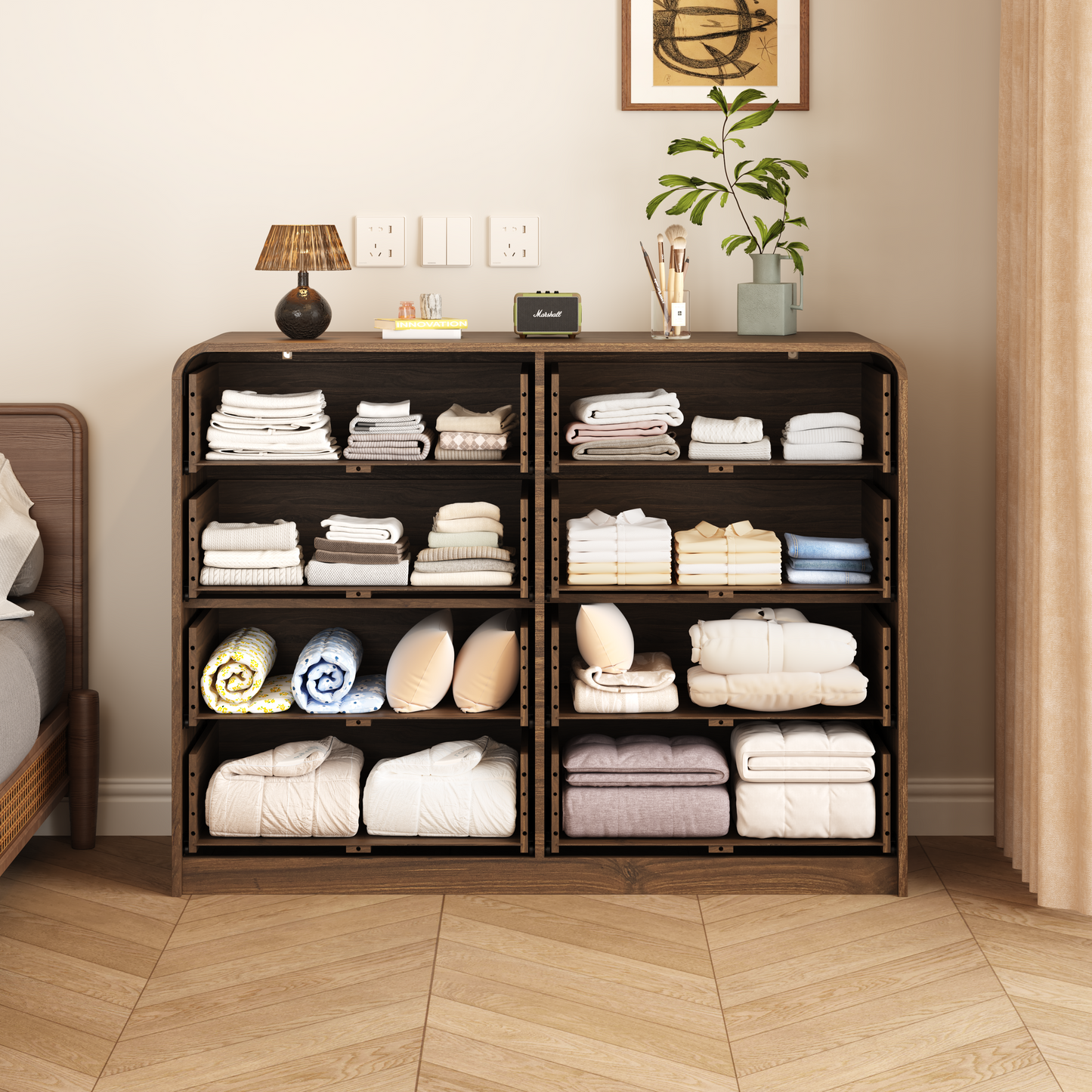 Walnut 8-Drawer Dresser with Rattan Front - Modern Storage Cabinet