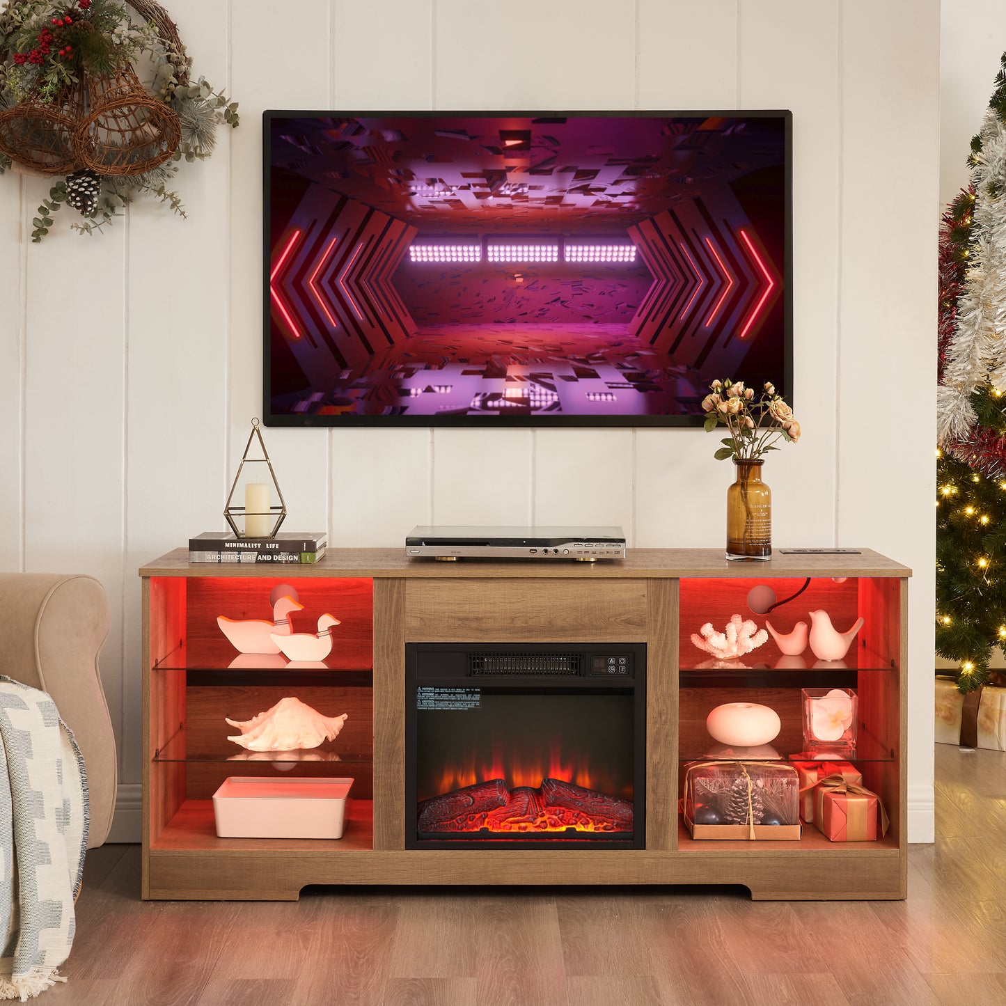 TV Stand Electric Fireplace With Glass Shelves, 3D LED Lights Wood