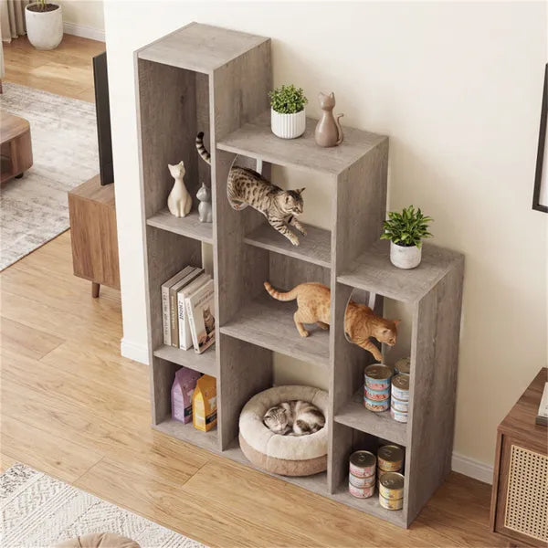 Cat Bookshelf Cabinet with Storage & Climbing Platforms - Gray Oak