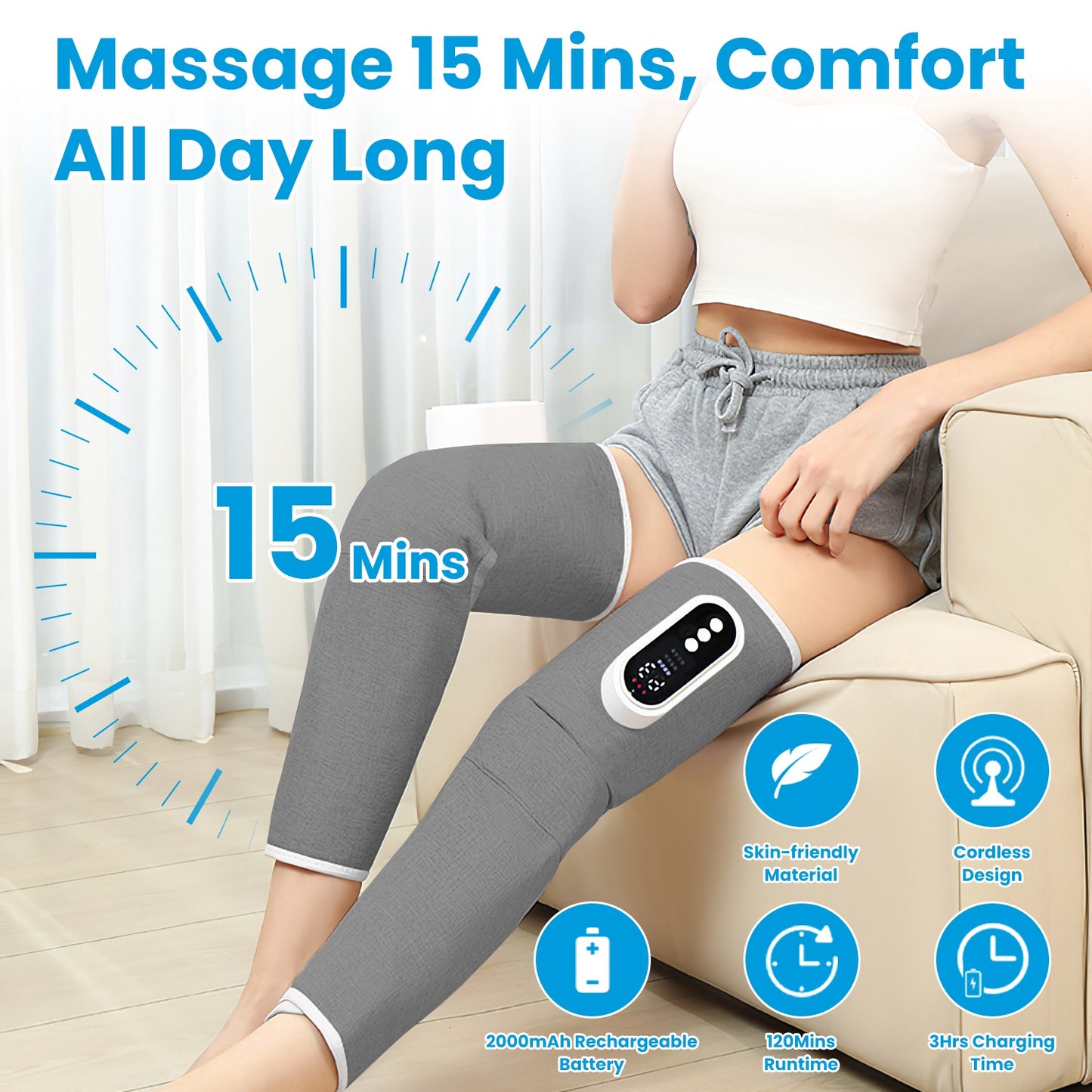 Cordless Leg Massager with Heat & Air Compression - Adjustable Calf Wrap