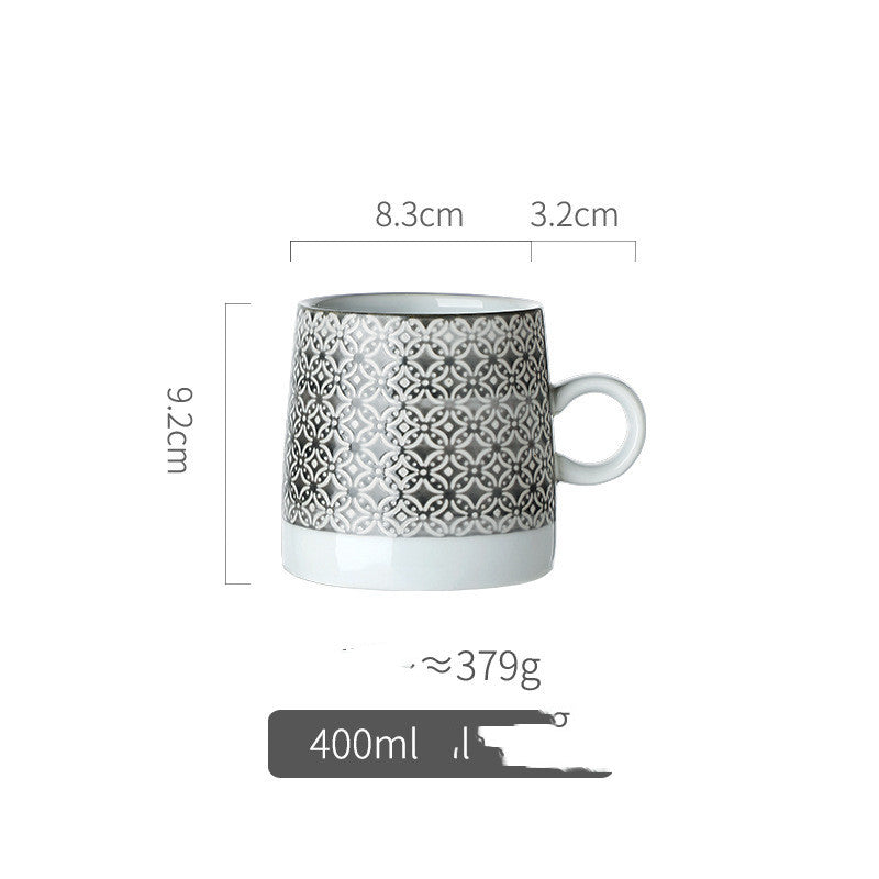 Retro Pastoral Water Mug Embossed Ceramic Drinkware with Handle