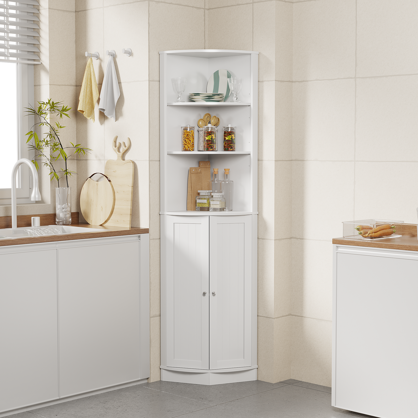67" Tall Corner Cabinet with 2 Doors and Adjustable Shelves - White