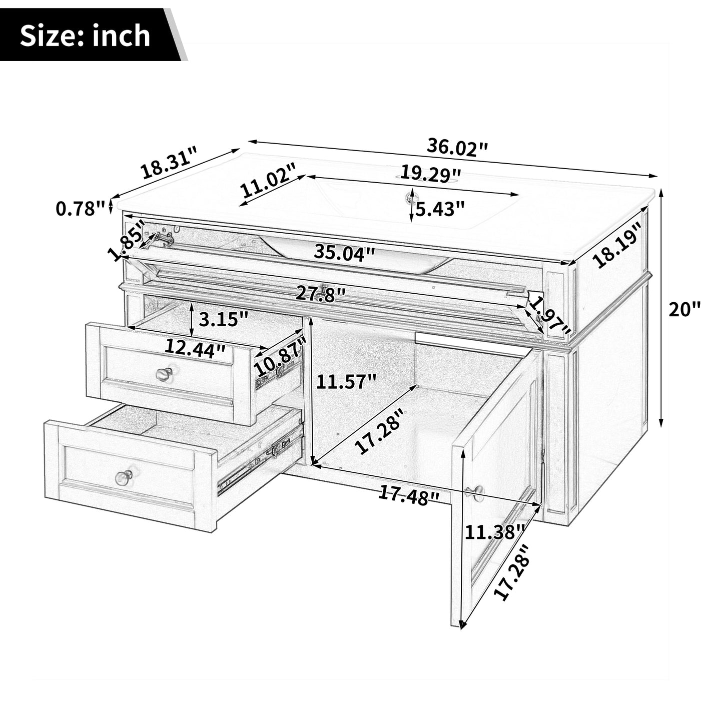 36-Inch Wall Mounted Bathroom Vanity with Ceramic Sink - Black