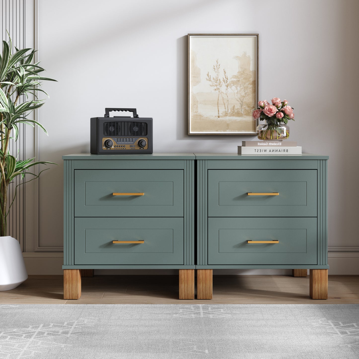2 Drawer Nightstand with Elegant Fluted Design - Blue