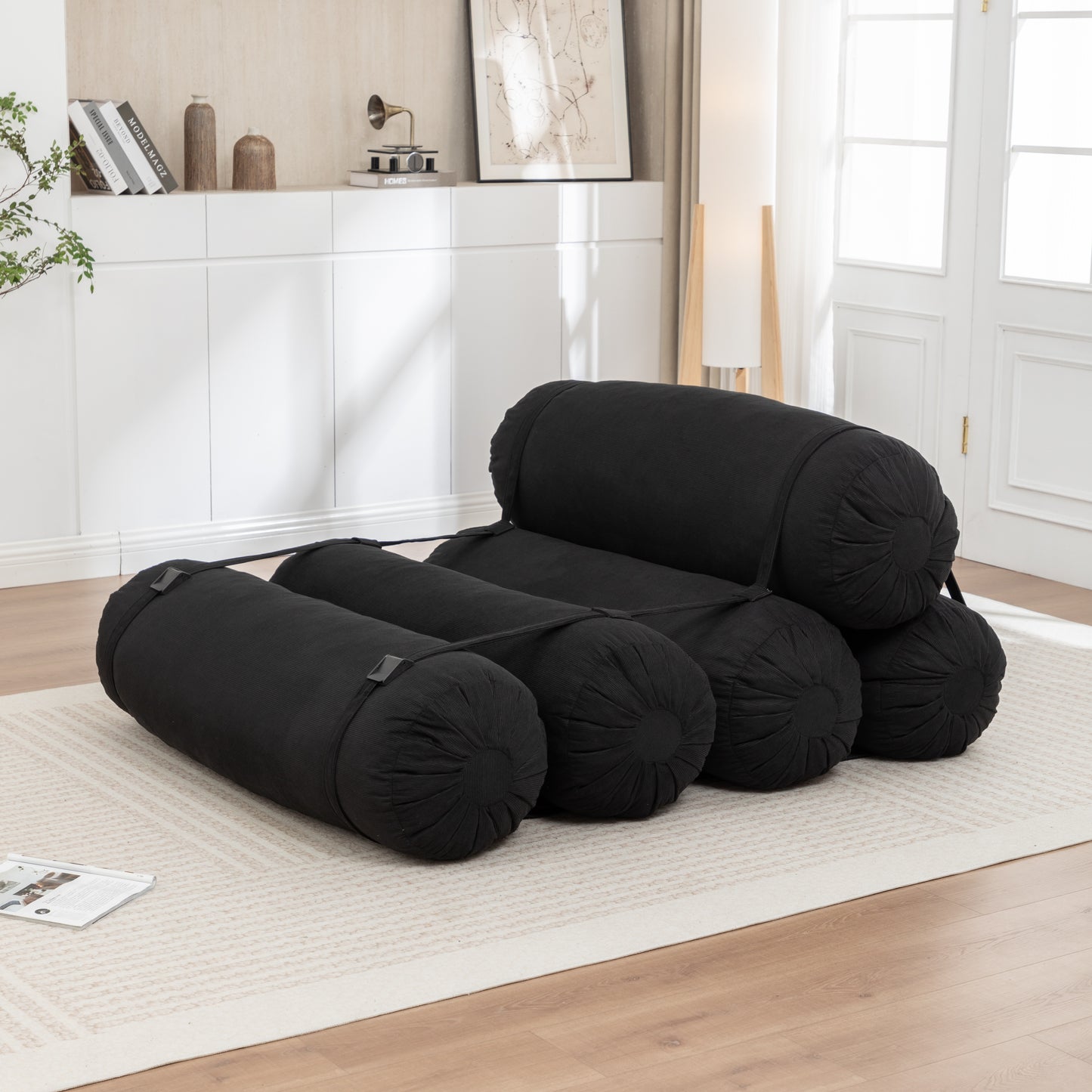 Adjustable Corduroy Floor Sofa - Black Multi-Person Leisure Chair
