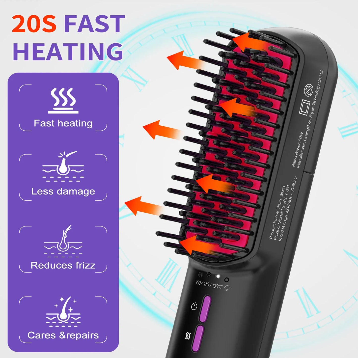 Ionic Steam Hair Straightener Brush - Anti-Scald Ceramic Comb - Purple