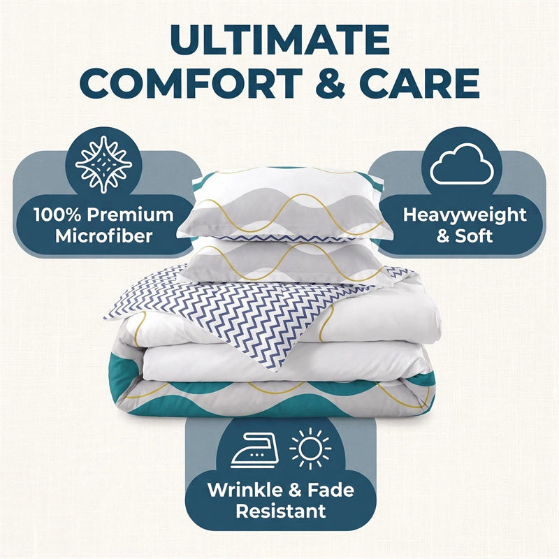 3 Piece Reversible Duvet Cover Set - Heavyweight Microfiber Bedding