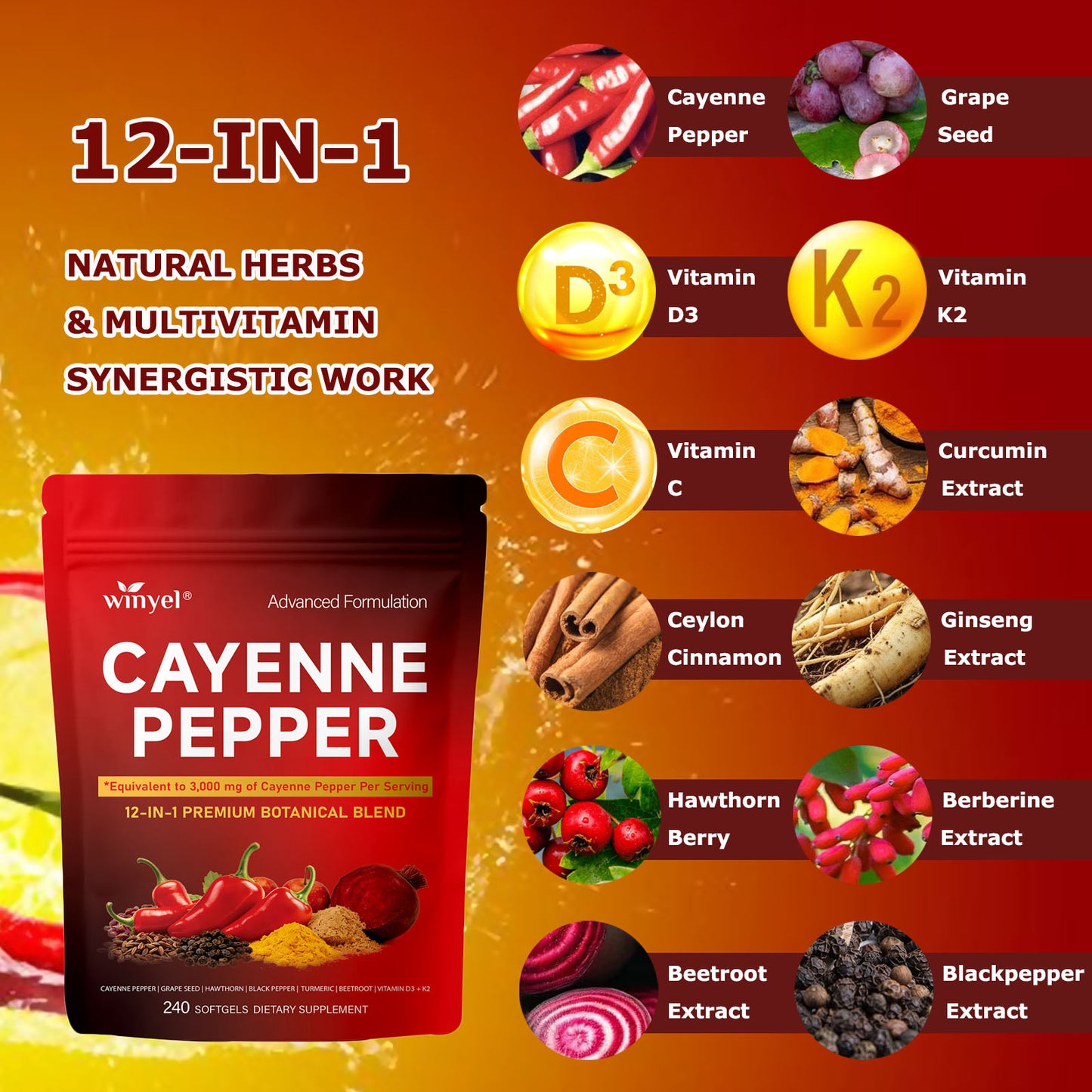 Cayenne Pepper Complex Supplement with Vitamins D3 K2 & Herbal Extracts