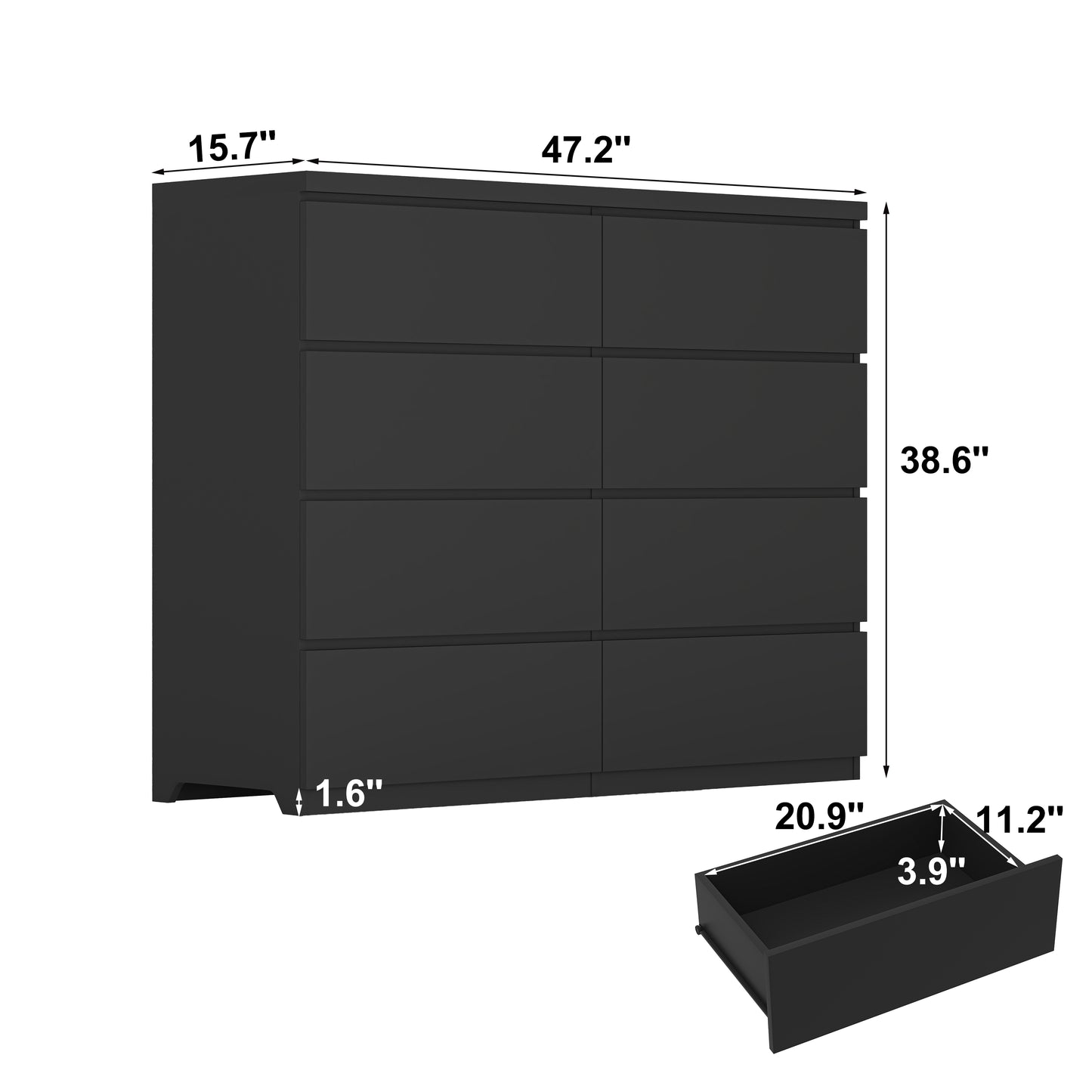 8-Drawer Black Dresser - Modern Wood Chest for Bedroom