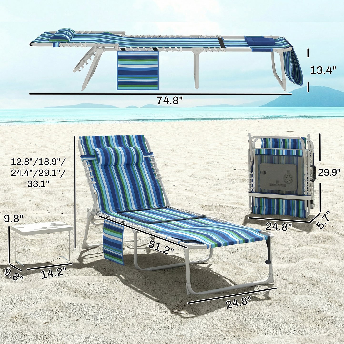 Folding Outdoor Lounge Chair with Face Hole & Side Table - Blue Stripe