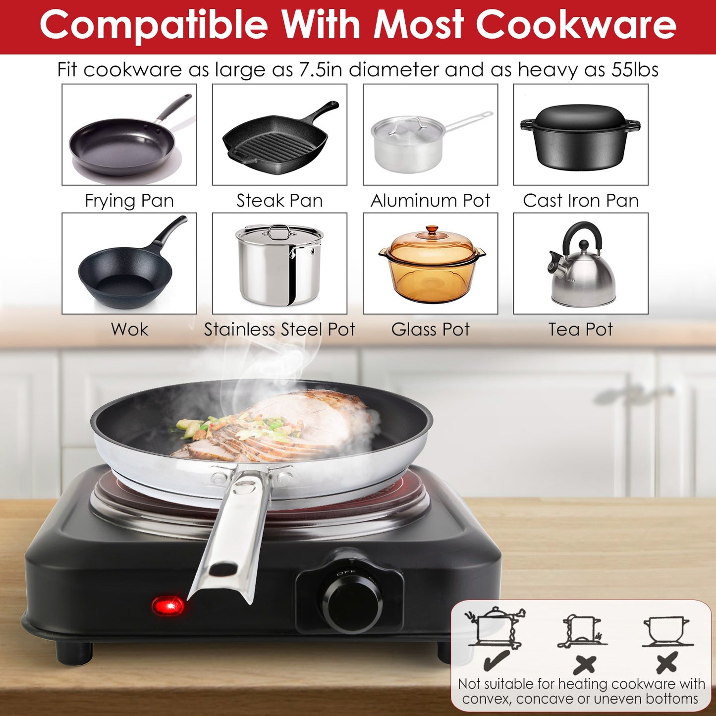 Portable Infrared Single Burner Hot Plate with 7.5in Glass Cooktop 1200W Stepless Temp Control