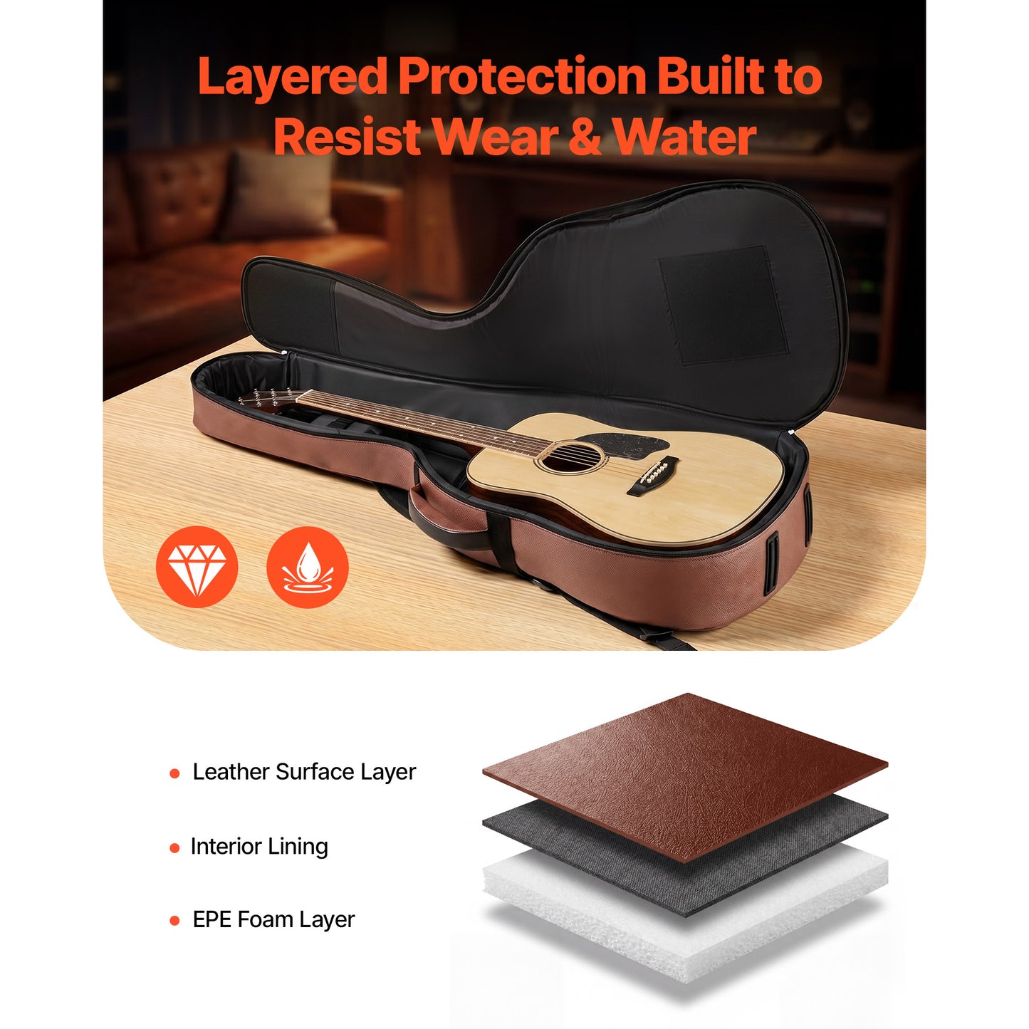 47.1 Inch Hard Guitar Case for Acoustic Guitars - Brown Travel Protective Bag with Accessories