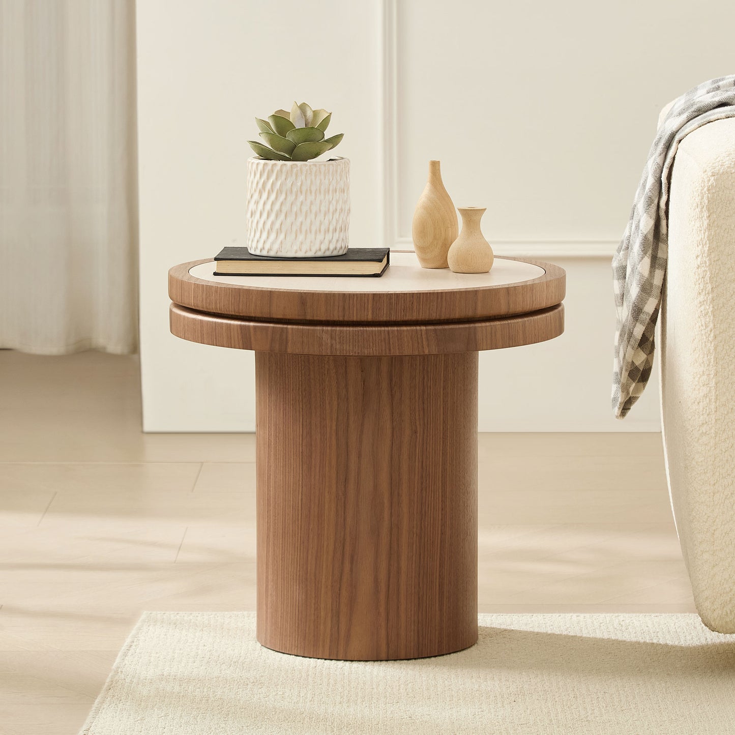 Round MDF Side Table with Sintered Stone Top - Walnut