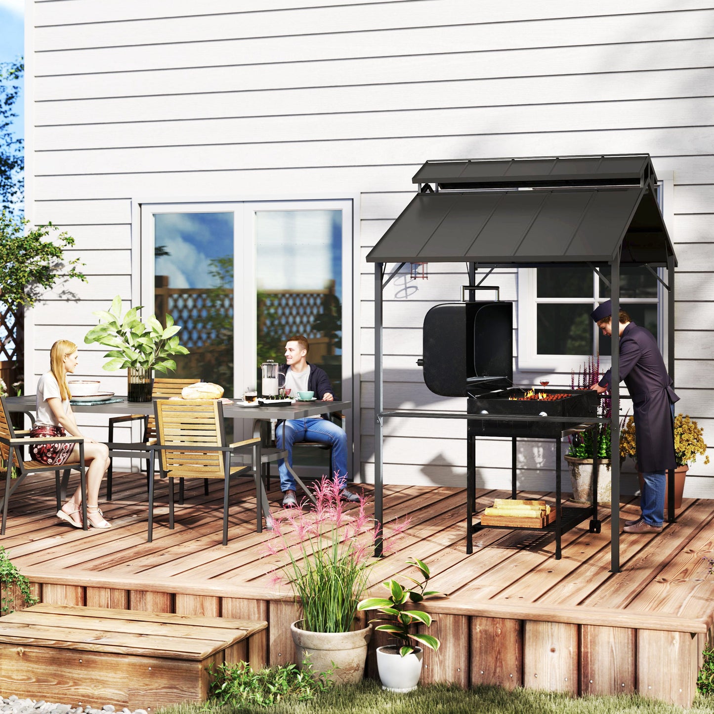 5x8ft Hardtop Grill Gazebo with Double Metal Roof & Shelves