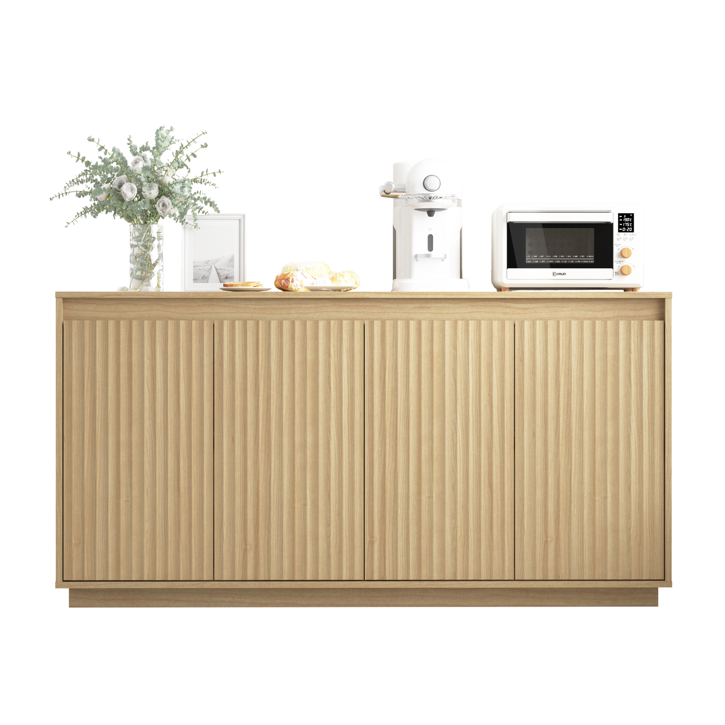 Natural 4-Door Sideboard Buffet Cabinet with Power Outlet