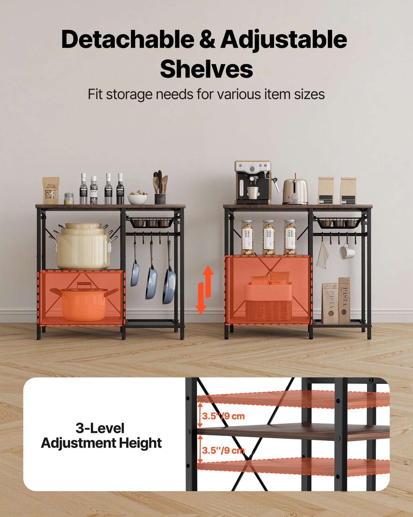 Black Kitchen Bakers Rack with Multi-Layer Storage and Hooks - 35.4 Inch Wide