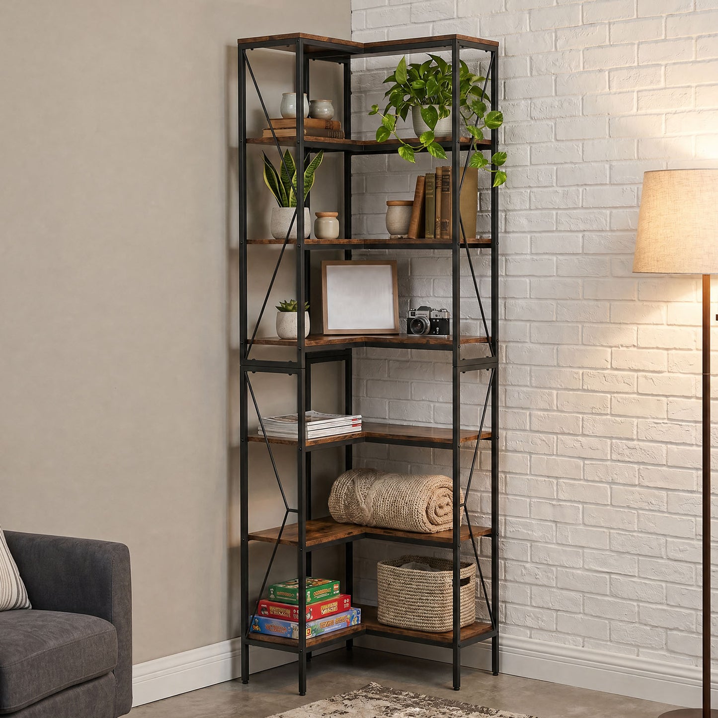 7-Tier Industrial Corner Bookshelf - Open Display Rack