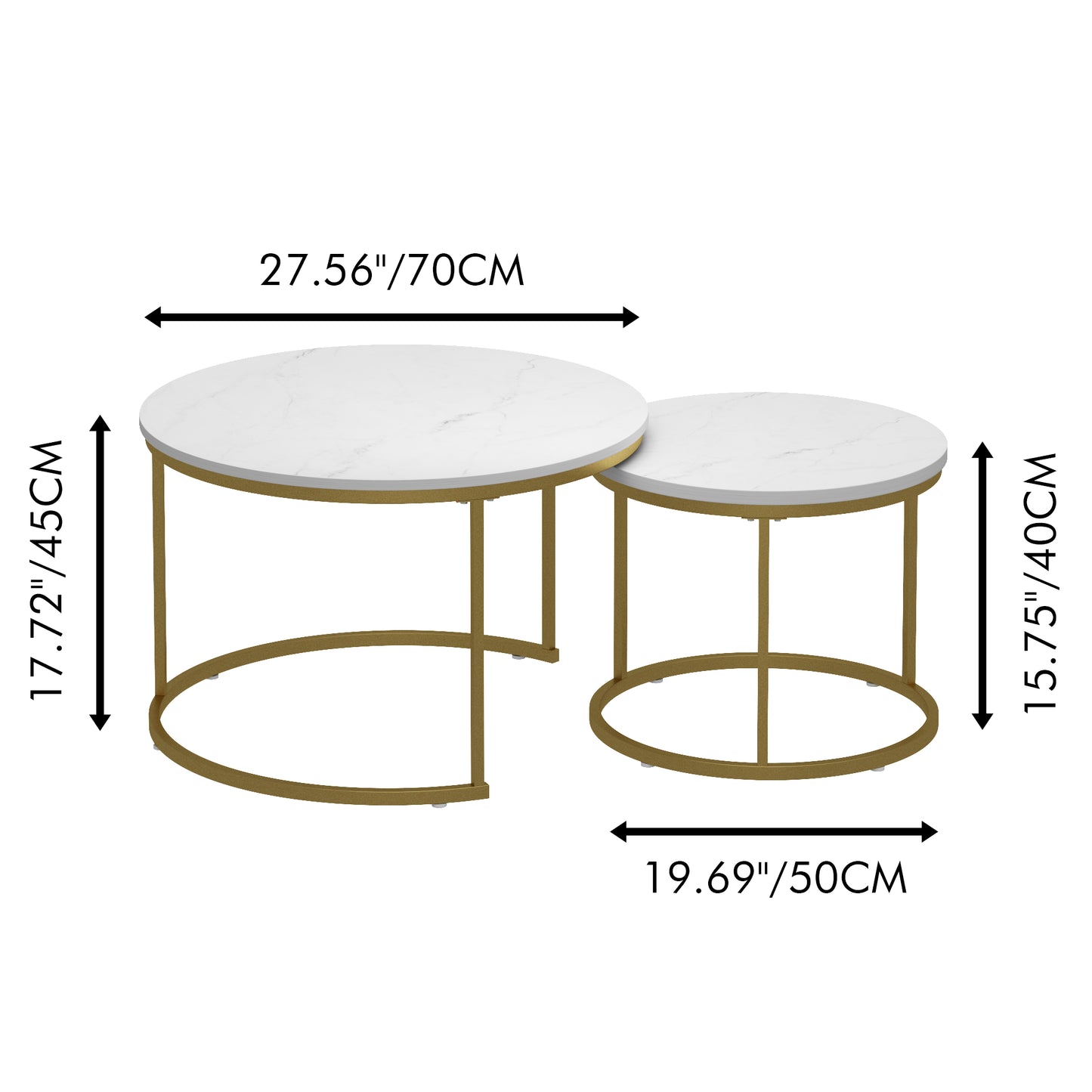 Nesting Coffee Table Set of 2 - Round Wood Marble Pattern - White+Gold