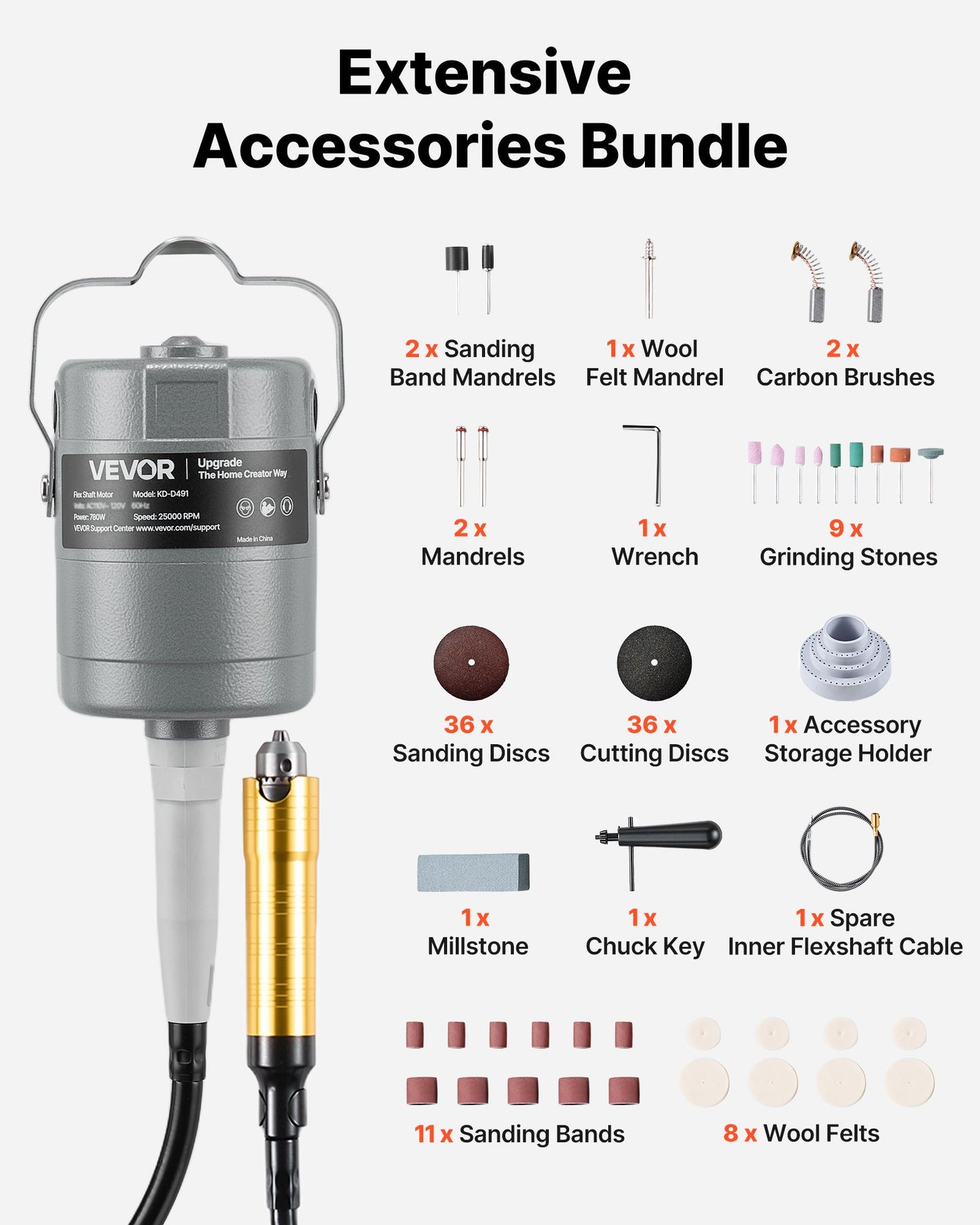 Electric Flex Shaft Grinder 780W 25000RPM with Accessory Kit, Foot Pedal Control