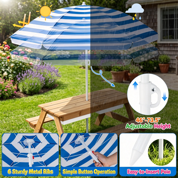 Kids 3-in-1 Picnic Table with Adjustable Umbrella & Storage Boxes - Outdoor Sand & Water Play Set