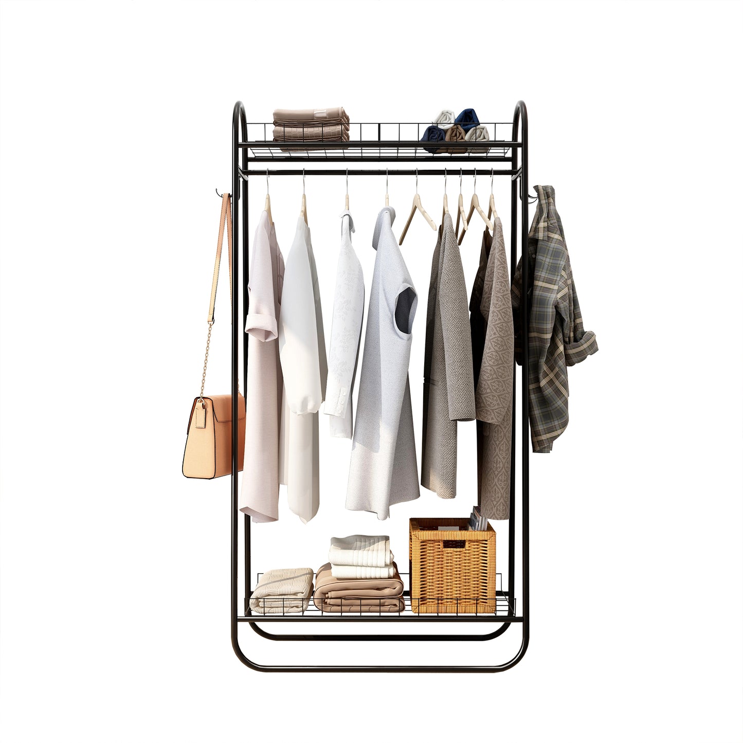 Heavy Duty Freestanding Clothes Rack with Double Shelves - Black