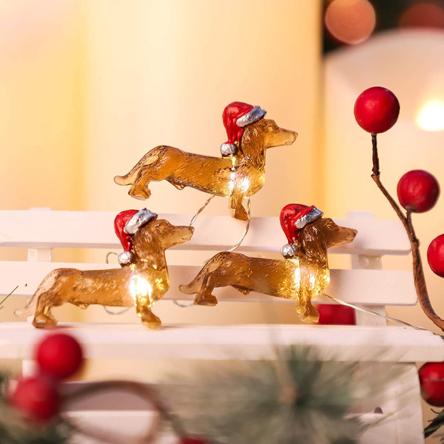 Festive Decorative Dog String Lights - Resin Sausage Dog Christmas Light Decor