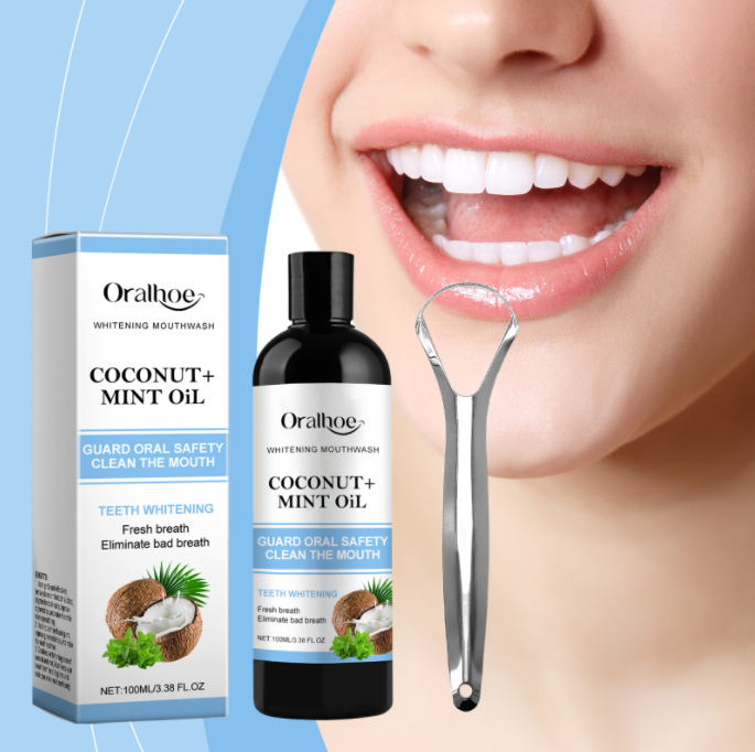 Coconut Mint Oil Pulling Mouthwash with Tongue Scraper for