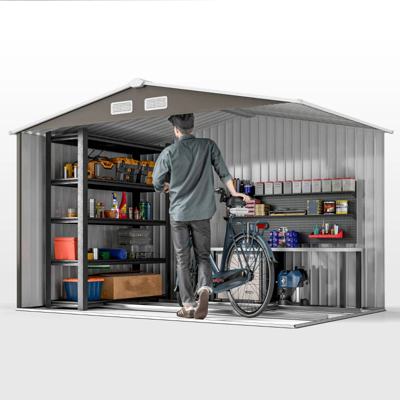 Outdoor Garden Tool Storage Shed - Galvanized Steel, Light Gray, 9x6 ft
