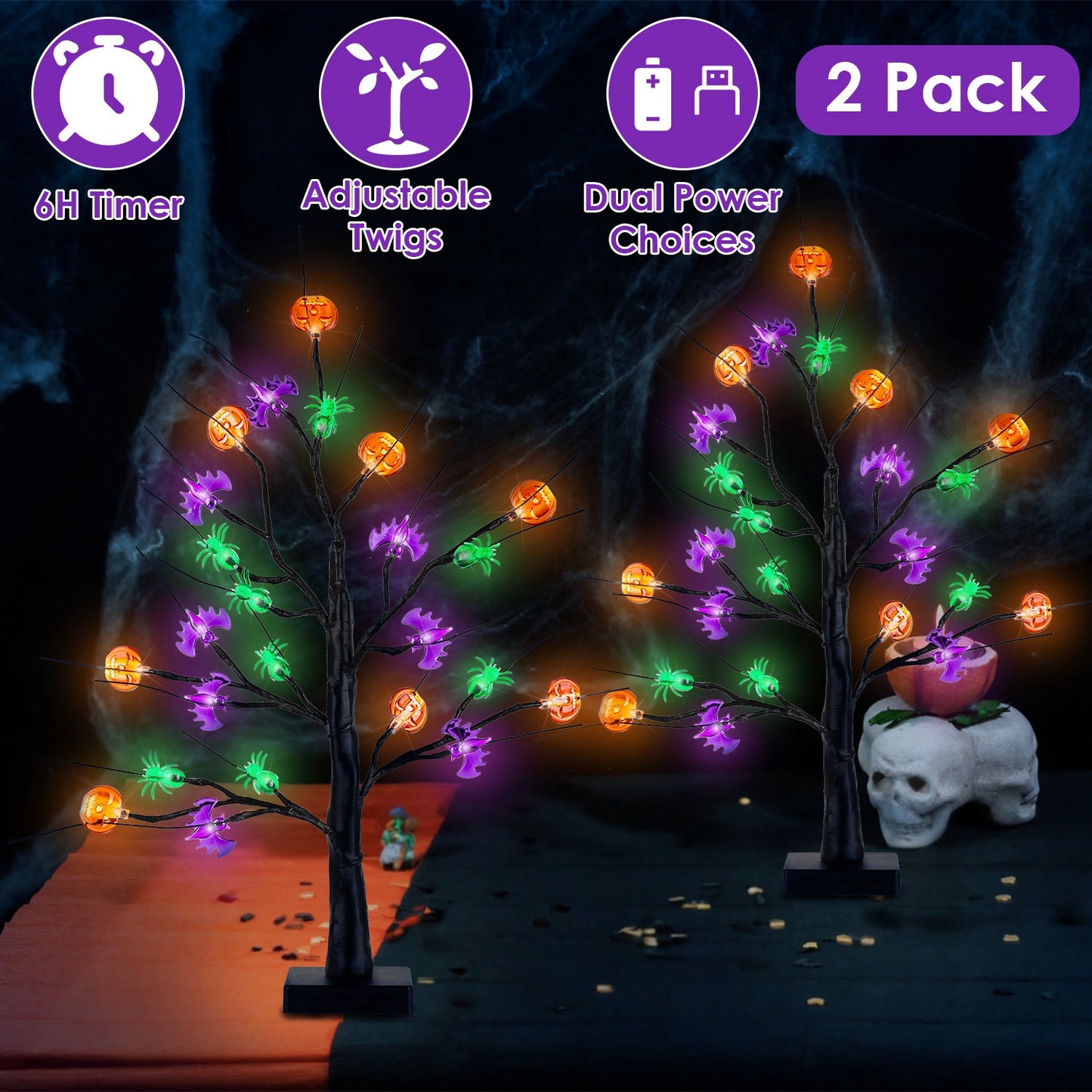 Lighted Halloween Trees - 2 Pack 1.97ft Adjustable Twigs with Timer