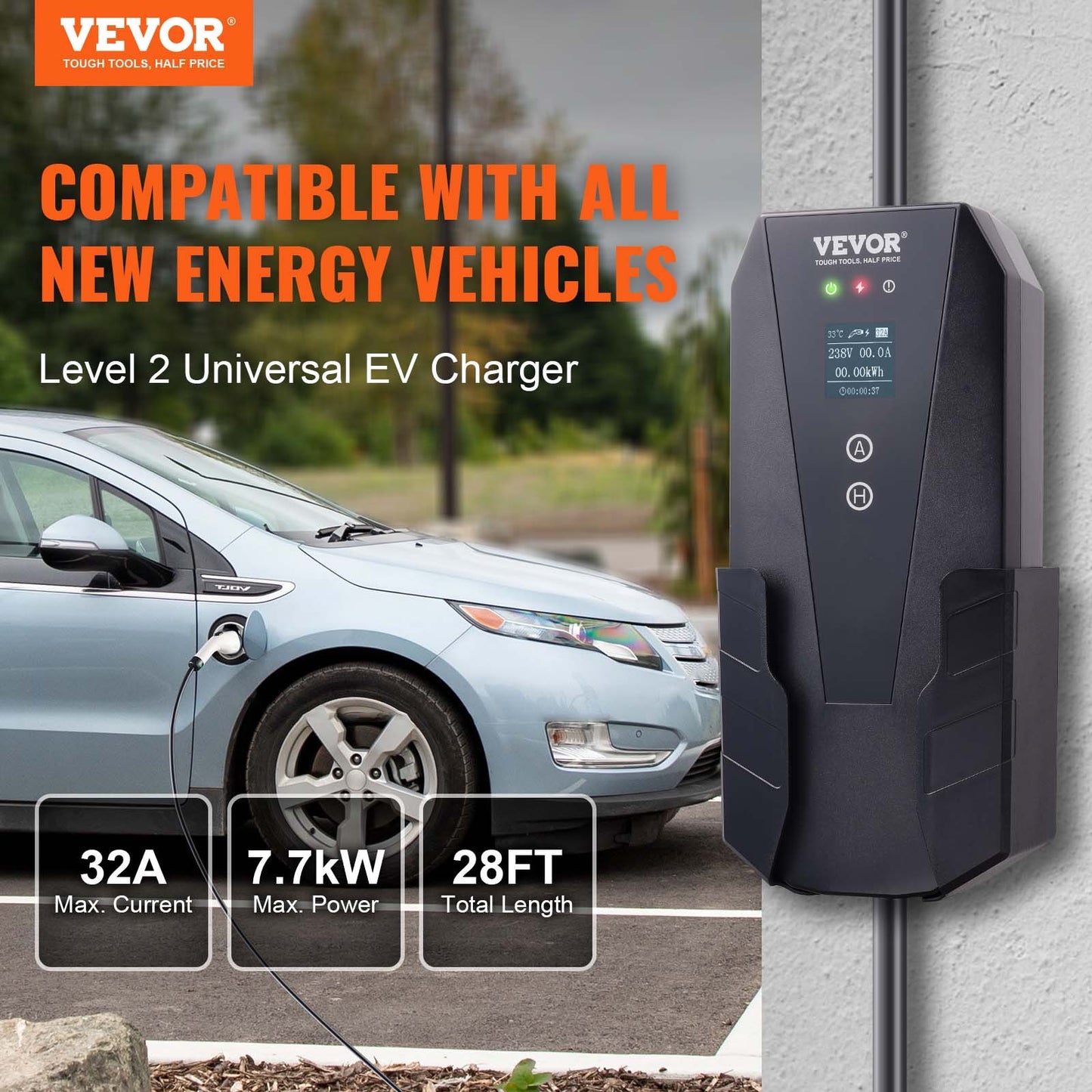 Portable EV Charger 32A 240V with 28ft Cable & App Control - Black