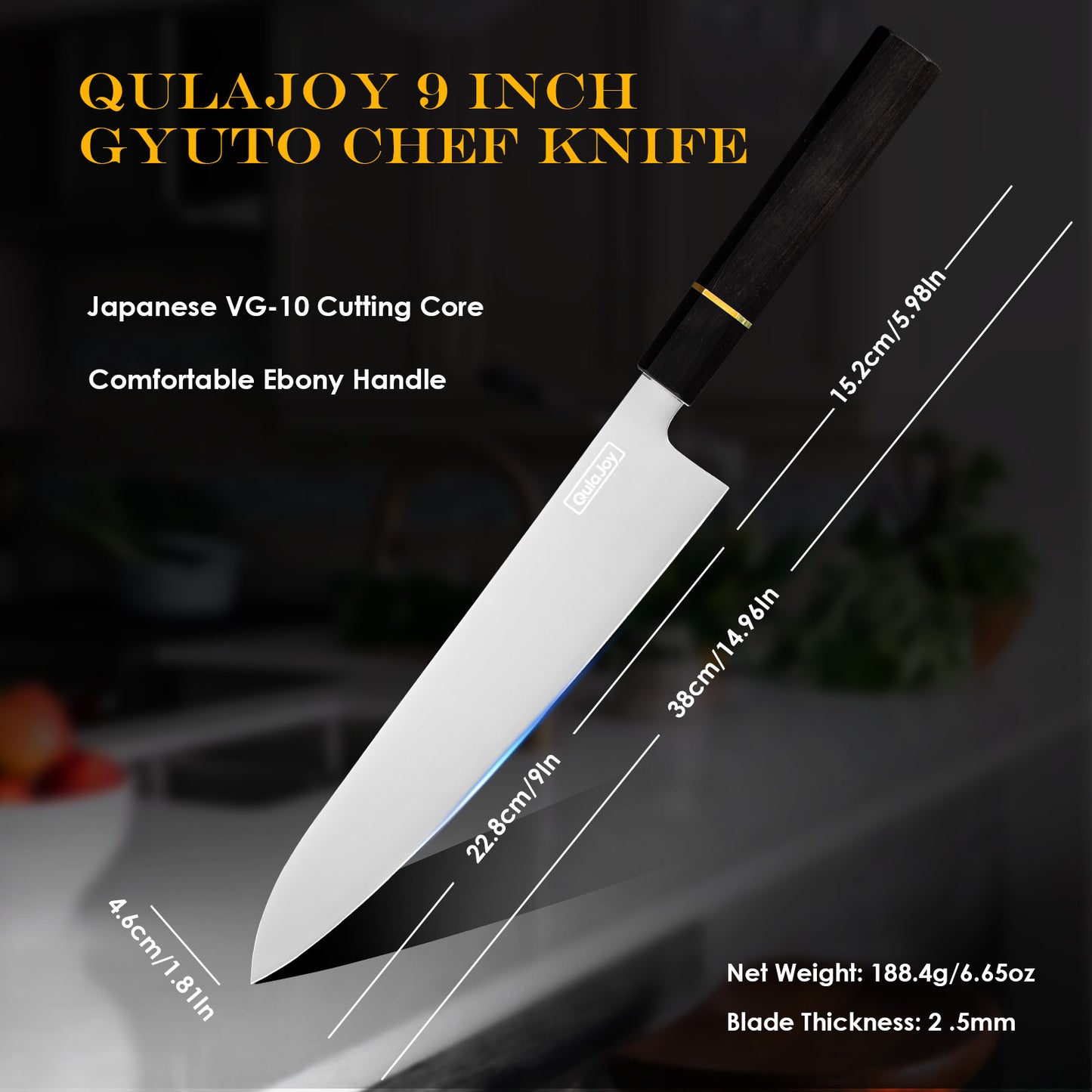 Japanese Gyuto Chef Knife - 9 Inch VG-10 Steel Blade with Ebony Handle