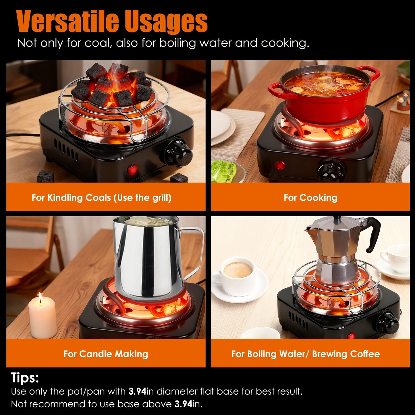 500W Electric Charcoal Burner with Thermostat Control & Tongs