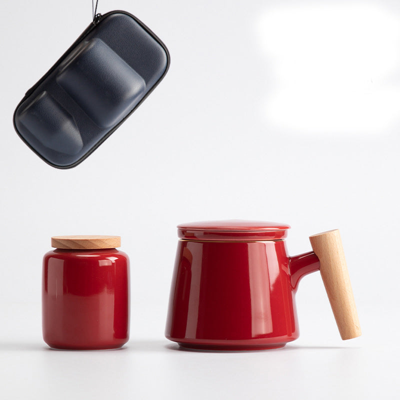 Ceramic Office Cup with Wooden Handle - Multiple Styles & Travel Bag