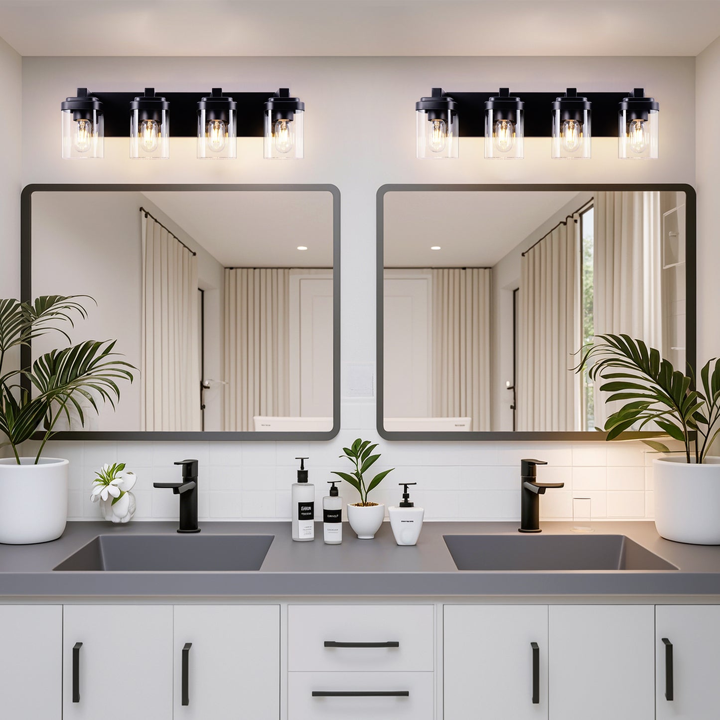 4-Light Matte Black Bathroom Vanity Light Fixture with Clear Glass Shades - Over Mirror Wall Sconce, NO BULBS