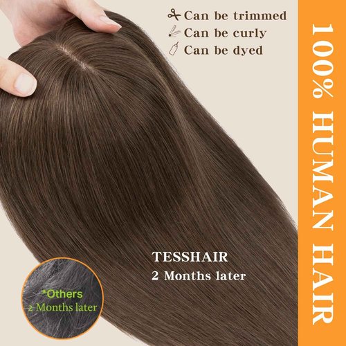 TESSHAIR Human Hair Toppers for Women, 150% Density Hair Topper with Bang, No Tangle & Smooth, Upgrade 7x13cm Silk Base, 14 Inch #02 Dark Brown