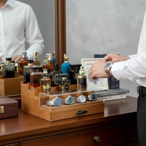 SeLuM Cologne Watch Organizer Walnut Brown – Wooden Perfume Display Stand with Jewelry Storage Drawer, Velvet Lining, Hidden Compartment – Large Cologne Holder – Gift Box Included