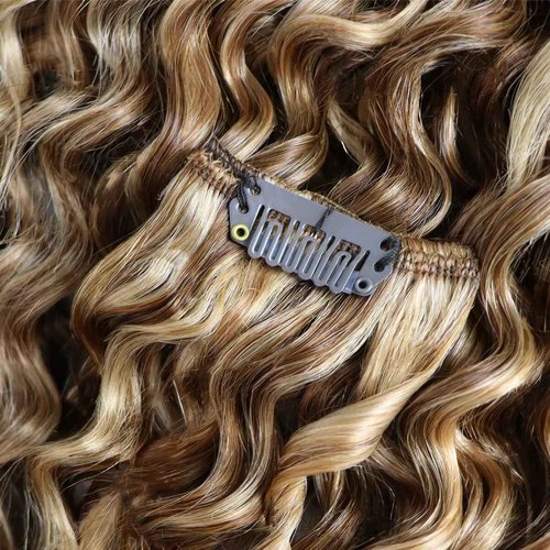 Hetto Curly Clip in Hair Extensions Clip ins Human Hair Deep Wavy Curly 120g #P4/27 Raddish Brown Mix Blonde Hair Extensions Curly 16 Inch 7Pcs